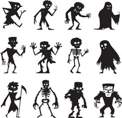 Halloween Monsters Silhouette Vector Set – Vampire, Zombie, Skeleton, and Ghost Icons