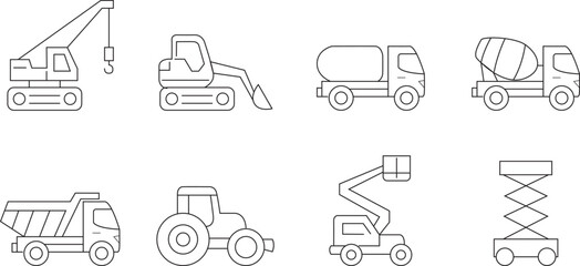 Construction vehicle line art design. pictograms of bulldozer, loader, roller, concrete mixer etc vector design
