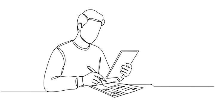 Continuous one line of a person checking bills and expenses, symbolizing budgeting and expense management, hand drawn style vector illustration.