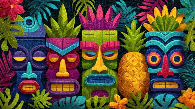 vibrant tropical tiki masks illustration