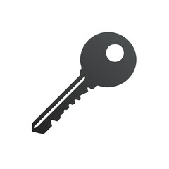 Single Dark Grey Silhouette Metal Key with Serrated Blade and Round Head Isolated on White Background