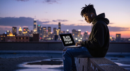 Young black man working on laptop outdoors at sunset in city  