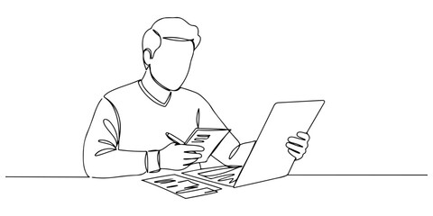 Continuous one line of a person checking bills and expenses, symbolizing budgeting and expense management, hand drawn style vector illustration.