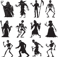Halloween Monsters Silhouette Vector Set – Vampire, Zombie, Skeleton, and Ghost Icons