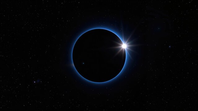 Dark eclipse of a planet with a bright star shining from behind, surrounded by stars in space.