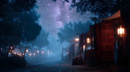 An enchanting night market scene unfolds beneath a vibrant starry sky with ornate lanterns and richly patterned rugs displayed in a hazy atmosphere