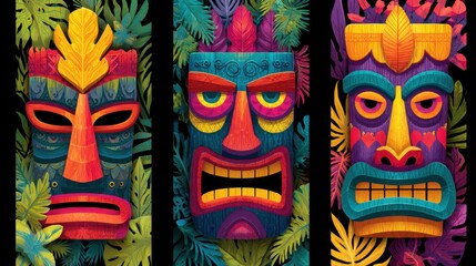 vibrant tribal tiki masks tropical leaves