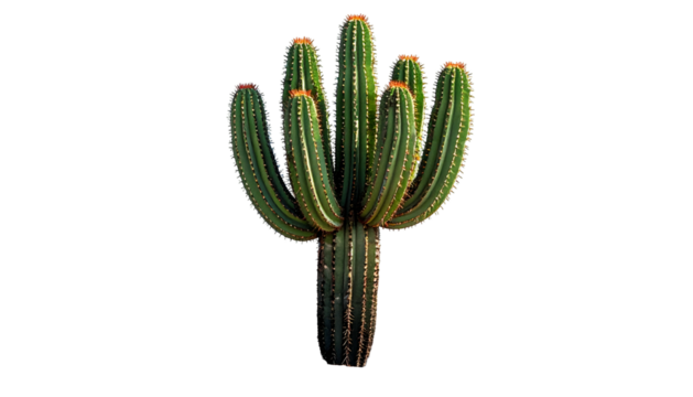 A vibrant green cactus with multiple upright stems and reddish tips, set against black