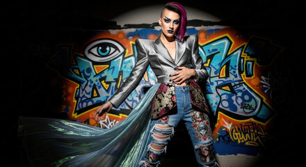 Obraz premium Androgynous model with vibrant makeup posing confidently in silver jacket and ripped jeans against a colorful graffiti wall.