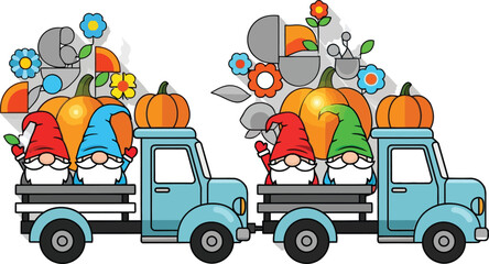 Fototapeta premium Whimsical gnomes driving teal trucks laden with autumn harvest pumpkins and decorations