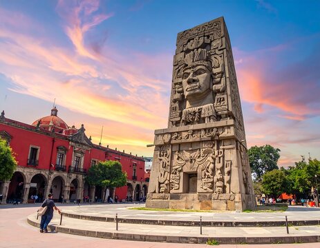 Ancient Mexican Monument in City Square.