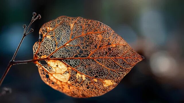 A dried, lace-like leaf skeleton with intricate veins against a softly blurred background.