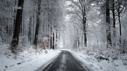 Obraz premium wintry road winding through snowy woods