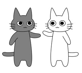 白と黒の猫が並んで挨拶をしているかわいいベクターキャラクター。フラットデザインで表現されたシンプルで親しみやすいネコのペアイラスト