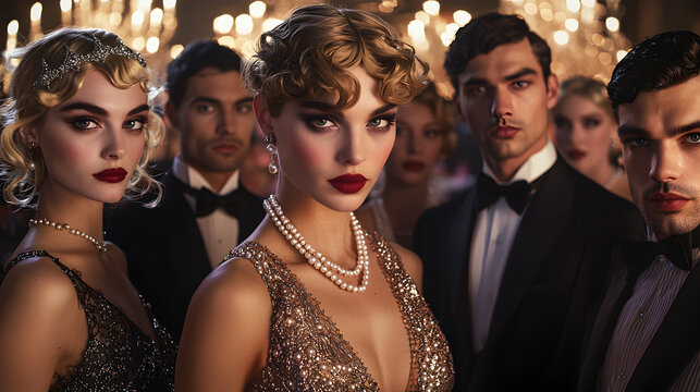 Glamorous Great Gatsby Halloween costume party outfits with 1920s flapper dresses, sequins, pearls, and vintage accessories evoking the Roaring Twenties luxury and jazz age elegance.