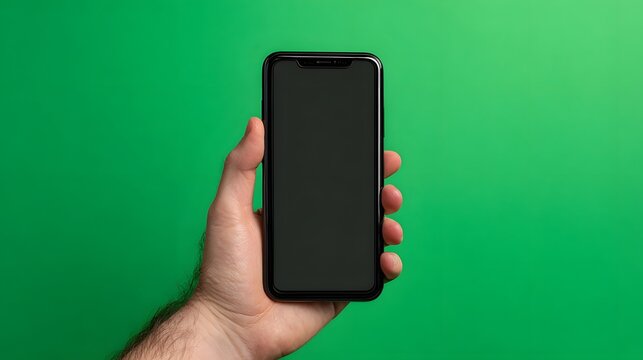 Person holding rectangular electronic device with blank screen against bright green background