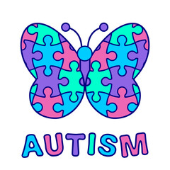 Autism awareness butterfly with puzzle pattern. Symbol of autism acceptance and support. Vector illustration. Autism spectrum social campaigns promoting inclusion, love, potential and understanding.