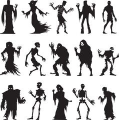 Halloween Monsters Silhouette Vector Set – Vampire, Zombie, Skeleton, and Ghost Icons