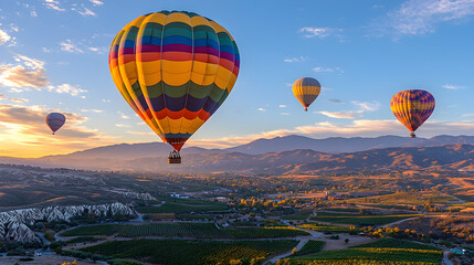 Fototapeta premium Aerial scene of multiple hot air balloons gliding over Temecula Valley during twilight, glowing colors against soft sky tones, representing adventure tourism and serene travel moments