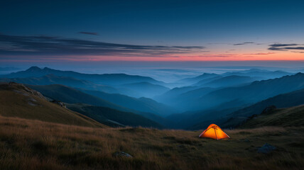A lone, illuminated tent glows warmly on a grassy hillside overlooking a vast expanse of misty, layered mountains during a breathtaking twilight sunset with vibrant hues painting the horizon