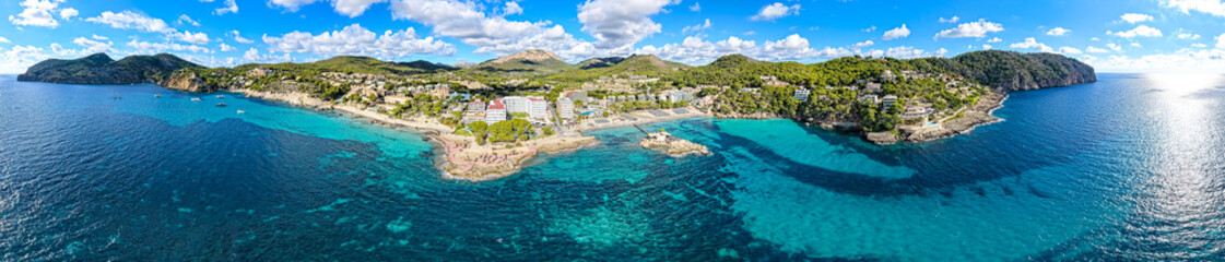 Aerial View of Beachfront Hotels, Luxury Villas, and Condominiums lining Santa Ponça Bay, Mallorca