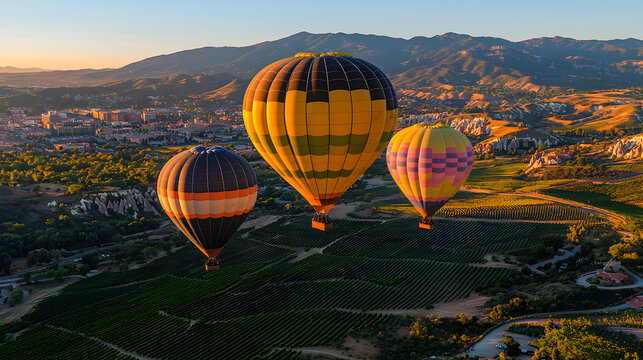 Scenic evening panorama of Temecula Valley with bright hot air balloons drifting across the sky, warm sunset light highlighting California&rsquo;s iconic wine country and outdoor adventure lifestyle