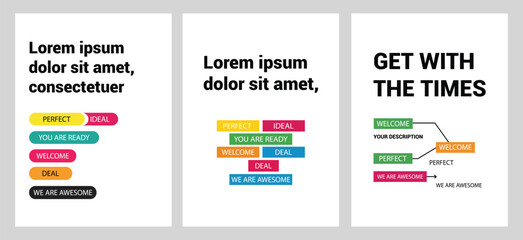 A modern set of three vertical posters or presentation slides showcasing various colorful infographic tags with positive business and marketing concepts on a clean white background.