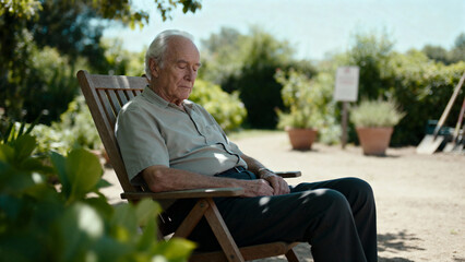 Elderly man sitting in a garden chair, contemplative mood, outdoor serene setting