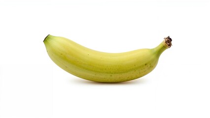 Banana with yellow-green peel on white background.