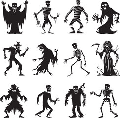 Halloween Monsters Silhouette Vector Set – Vampire, Zombie, Skeleton, and Ghost Icons