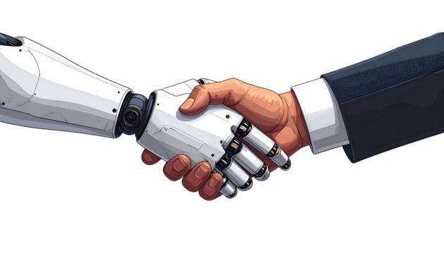 A human and a robot shake hands, symbolizing partnership and technological advancements