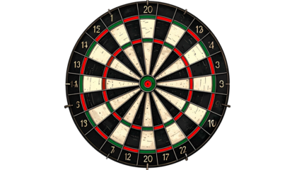 A classic dartboard, with numbered sections and colored rings against a black backdrop
