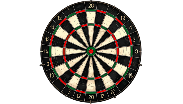 A classic dartboard, with numbered sections and colored rings against a black backdrop