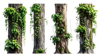 Four textured tree trunks with clinging green vines and foliage