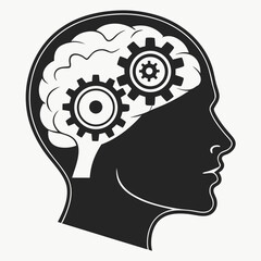 Silhouette of a human head with gears inside the brain area profile