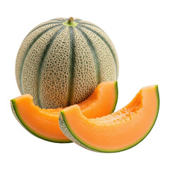 Fresh cantaloupe melon with two slices isolated on transparent background