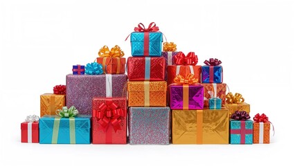 A collection of colorful gift boxes decorated with ribbons and bows, arranged in a pyramid shape. Celebration, presents, and holiday gift concept. Festive packaging and gift-giving.