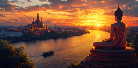 Vibrant sunset over Chao Phraya River with Bangkok skyline in silhouette, glowing sky and tranquil water showcasing Thailand’s iconic urban scenery and tropical evening atmosphere