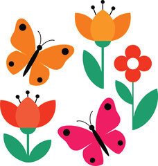 Fototapeta premium Vibrant springtime illustration featuring colorful butterflies and blooming flowers in a playful design