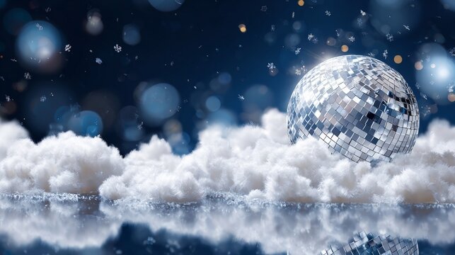 A dazzling disco ball is placed on soft clouds, illuminated by twinkling lights, evoking a magical and festive ambiance perfect for celebrations and events
