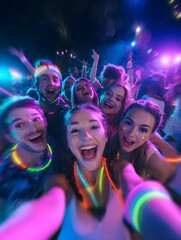 Excited Friends at Night Neon Party Taking Selfie