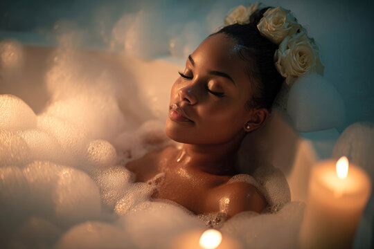 African American woman relaxing in a bubble bath surrounded by candles, showcasing tranquility and self-care in a serene and luxurious spa-like environment - Powered by Adobe