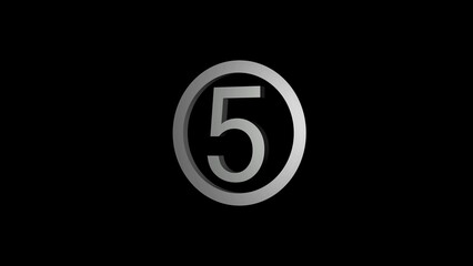 Silver 3D Number 5 Inside a Circular Frame on a Black Background five numeral