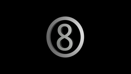 Silver Number 8 Inside a Circle with a Shadow Effect on a Black Background numeral digit