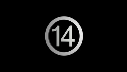 Silver Number 14 Inside a Circular Frame on a Black Background fourteen numeral