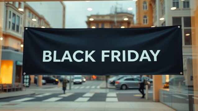 Black Friday banner promoting sales at city store window