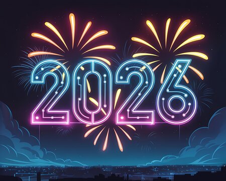Vibrant neon 2026 illuminated against a dark sky with bursting fireworks and distant city lights