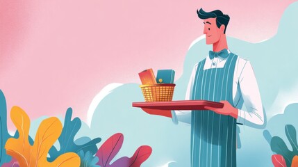 smiling server holds tray service