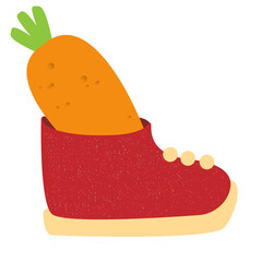 Winter boots with carrot inside, symbol of Sinterklaas. Sinterklaas cartoon hand drawn shoes with carrot. Saint Nicholas Day Poster Vector, Dutch Holiday Celebration Card with Gift in Red Boot
