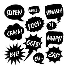 Grunge comic speech bubbles with handwritten text, brush strokes, ink smudges, acrylic stains or charcoal streaks. Hand drawn retro cartoon stickers. Chatting, message box. Vector illustration
